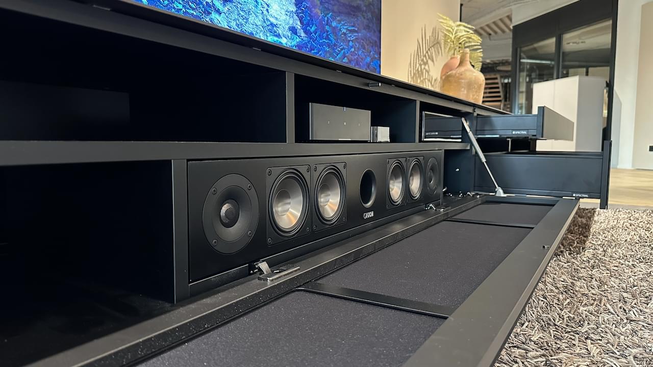 staand tv-meubel 3.5m | metallic roast | inclusief Spectral soundbar en Sonos Amp