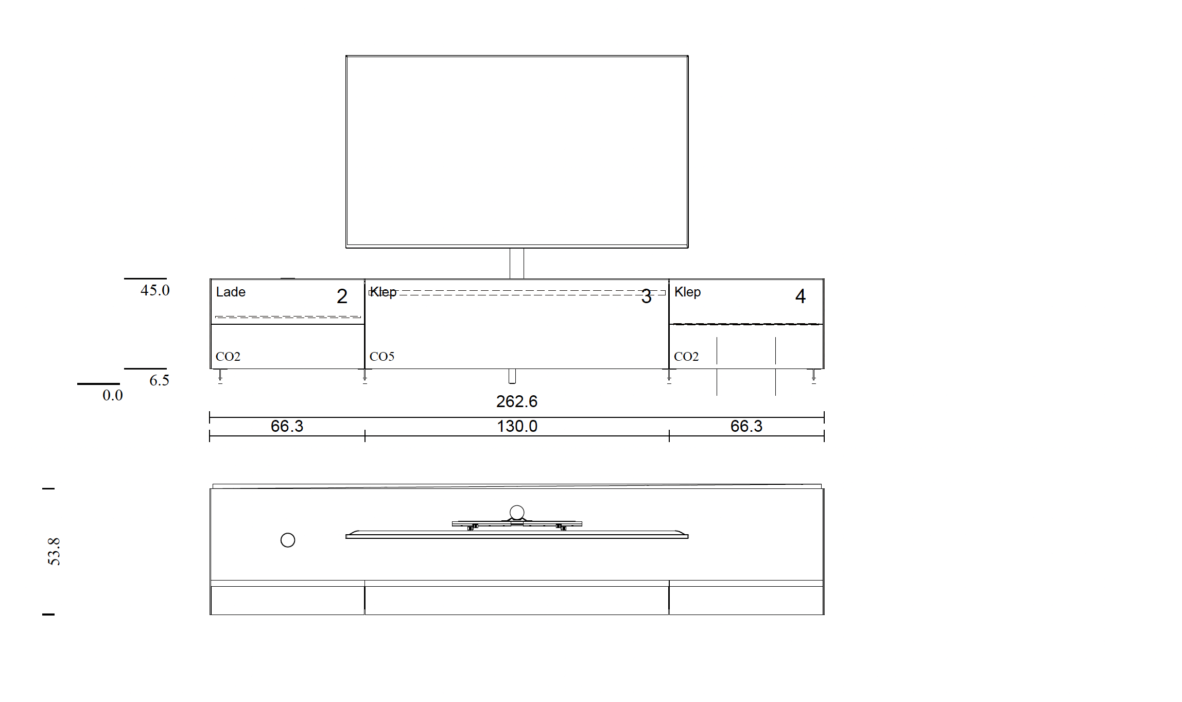 homecinema tv-meubel | 2.63m | staand in gesatineerd glas