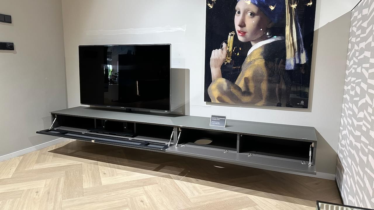 zwevend tv-meubel 2.8 m | Granite glas | Soundbar adapter | Draaibare tv-beugel | wandhangend |